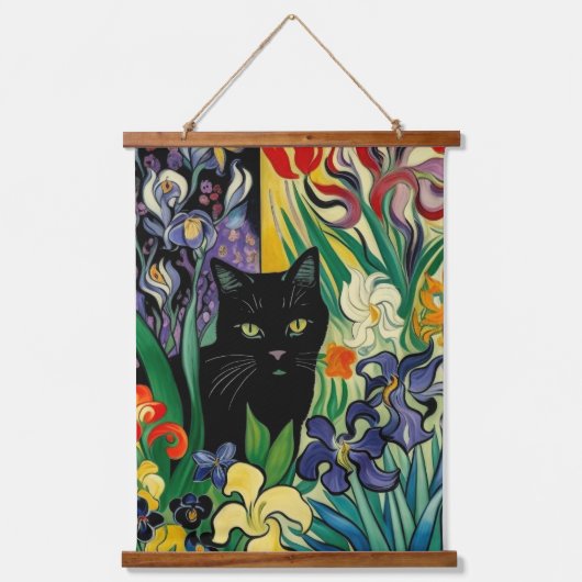 Tapisserie Suspendue Chat Noir Avec Irises (Recto)