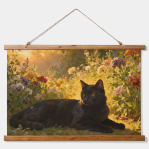 Tapisserie Suspendue Chat noir dans les fleurs I