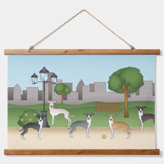 Tapisserie Suspendue Chiens Grisons Italiens Dans Un Parc Dessin Carica (Devant)