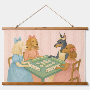 Tapisserie Suspendue Chiens mignons vintage jouant au Mahjong