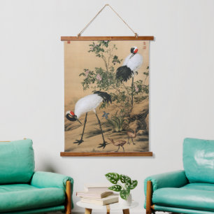 Tapisserie Suspendue Chinoiserie Vintage Grues couronnées rouges et ros