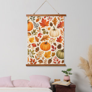 Tapisserie Suspendue Citrouilles aquarelles d'automne, feuilles d'autom