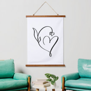 Tapisserie Suspendue Cœur floral – Art linéaire minimaliste
