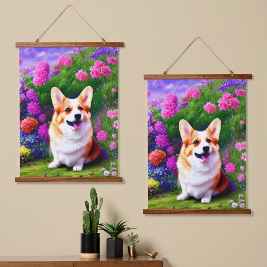 Tapisserie Suspendue Corgi et fleurs (Asymétrique)