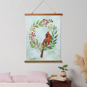 Tapisserie Suspendue Couronne de Noël à l'oiseau cardinal rouge aquarel