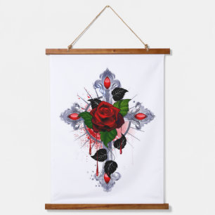 Tapisserie Suspendue Croix d'argent avec une rose rouge