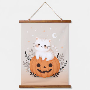 Tapisserie Suspendue Cute Kitten Assis Sur Citrouille Moderne Halloween