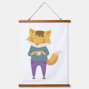 Tapisserie Suspendue Cute renard avec tasse de thé
