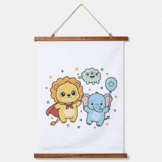 Tapisserie Suspendue Cute Superhero Lion and Elephant Friends Cartoon
