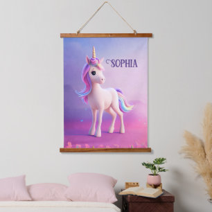 Tapisserie Suspendue Cute Unicorne Blanche Avec Rose & Bleu Mane