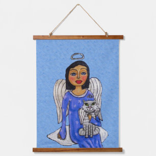 Tapisserie Suspendue Dark Haired Angel Blue robe Angel Chat sur Cloud