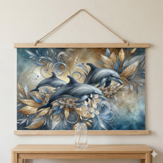 Tapisserie Suspendue Dauphins Élégants avec Vagues Florales Dorées