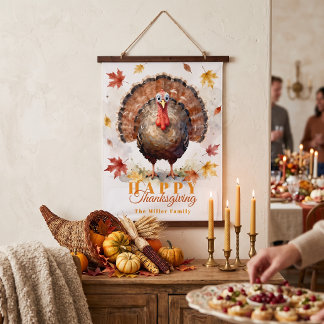 Tapisserie Suspendue Dinde à l'aquarelle Feuilles d'automne Famille Tha