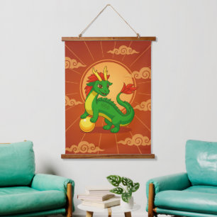 Tapisserie Suspendue Dragon Chinois Vert sur Fond Rouge