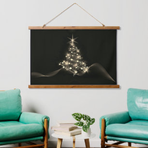 Tapisserie Suspendue Éclat doré des étoiles sur l'arbre de Noël sombre