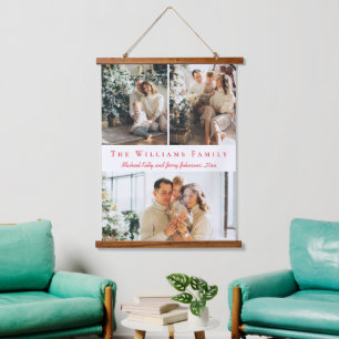 Tapisserie Suspendue écriture rouge minimaliste 3 photos collage famill