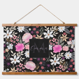 Tapisserie Suspendue Elégant noir rose Fleurs sauvages Boho Floral Pain