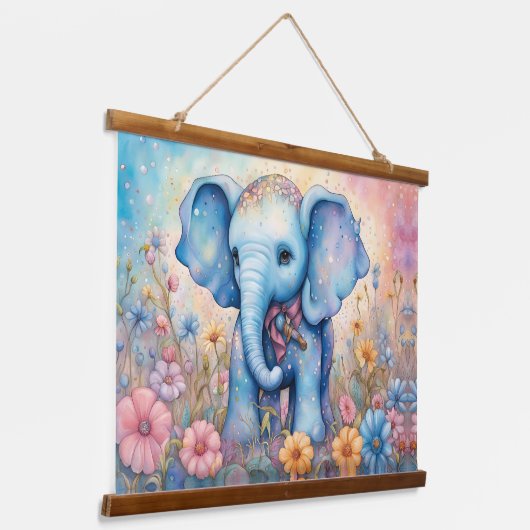Tapisserie Suspendue Eléphant Bébé mignon dans un jardin pastel Daisy (Angulaire)