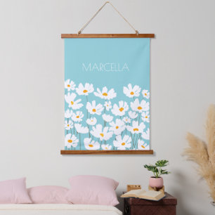 Tapisserie Suspendue Été Blanc Fleurs Cosmos Nom personnalisé