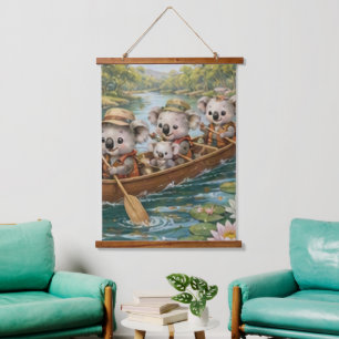 Tapisserie Suspendue Famille de koalas en canoë sur une rivière paisibl