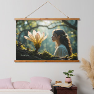 Tapisserie Suspendue Femme de la forêt rêveuse avec fleur lumineuse