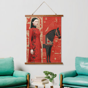 Tapisserie Suspendue Femme en robe rouge fleurie & cheval noir
