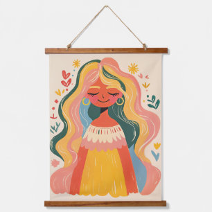 Tapisserie Suspendue Femme Fille Mignonne Illustration Florale Bohème