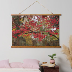 Tapisserie Suspendue Feuilles d'érable rouge et photo de clôture en bam