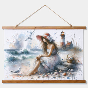 Tapisserie Suspendue Fille aquarelle romantique au phare
