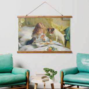 Tapisserie Suspendue Fille Vintage priant avec l'art de chat et de chie