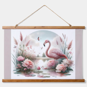 Tapisserie Suspendue Flamant rose en Pastel Pond Floral Scene