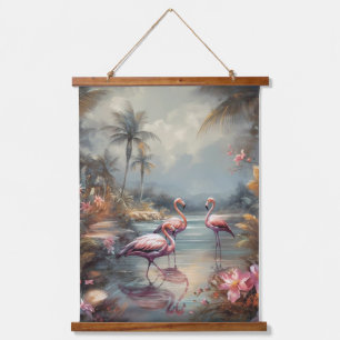 Tapisserie Suspendue Flamant Rose Tropical Lagune Art Floridien Vintage