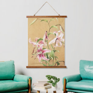 Tapisserie Suspendue Fleur Botanique d'Art de Lys Oriental Rose Vintage