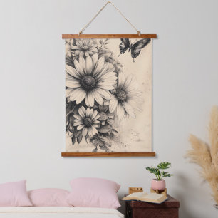 Tapisserie Suspendue Fleur de marguerite papillon sépia vintage botaniq