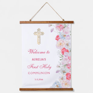 Tapisserie Suspendue Fleurs aquarelles Bienvenue à la première communio