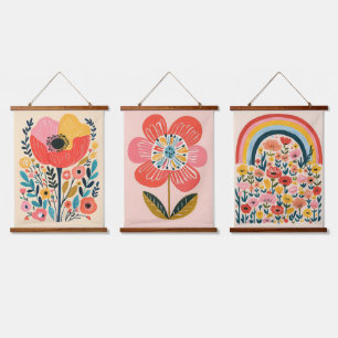 Tapisserie Suspendue Fleurs Boho Illustration Scandinave Mignonne