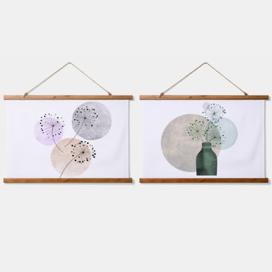 Tapisserie Suspendue Fleurs Boho Zen Dandelion Sur Cercles Bleus Rose (Double)