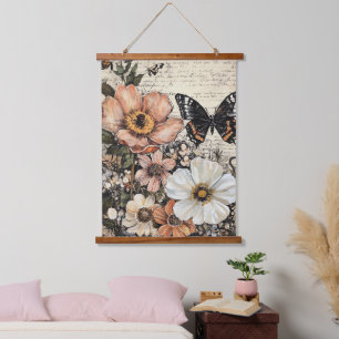 Tapisserie Suspendue Fleurs et papillons rustiques - Papier vieilli (14