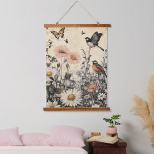 Tapisserie Suspendue Fleurs, oiseaux et papillon sur papier vieilli