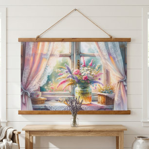 Tapisserie Suspendue Fleurs sauvages à la fenêtre de cottage ensoleillé