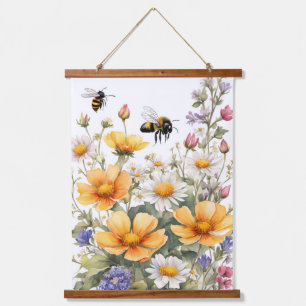 Tapisserie Suspendue Fleurs sauvages et Abeilles de miel Aquarelle