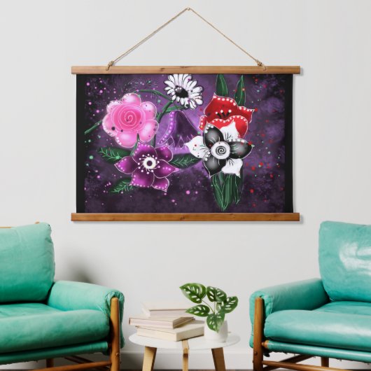 Tapisserie Suspendue Fleurs Whimsical Violet Floral Noir Blanc Rose (Salon)