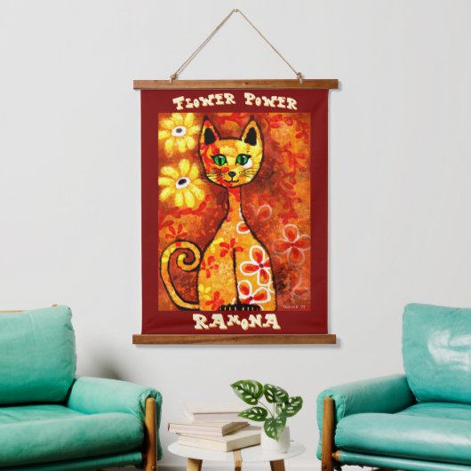 Tapisserie Suspendue Flower Power Retro Whimsical Cat Personalized (Salon)