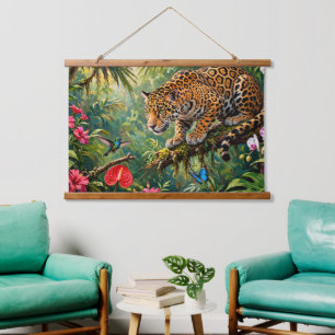 Tapisserie Suspendue Forêt tropicale Jaguar Colibris Papillons Fleurs