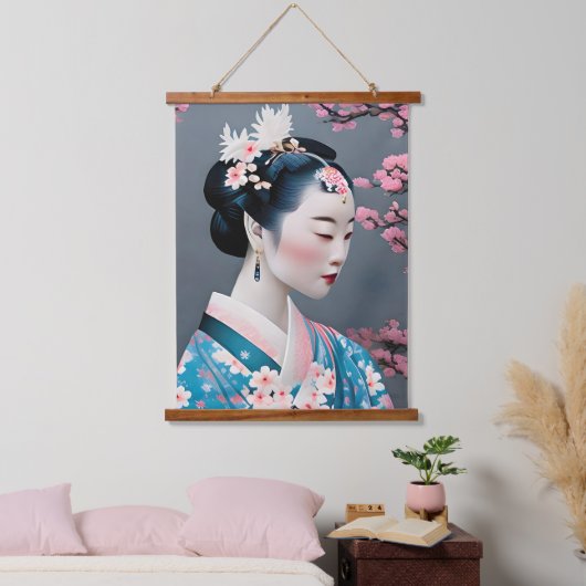 Tapisserie Suspendue Geisha Japonais Dans Un Jardin En Fleurs De Cerisi (Chambre à coucher)