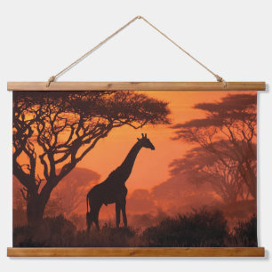 Tapisserie Suspendue Girafe en Silhouette Coucher de Soleil Safari Art