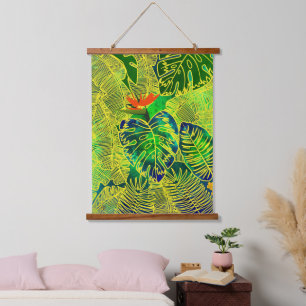 Tapisserie Suspendue Gold Tropical Jungle Vert Feuille Aquarelle