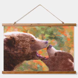 Tapisserie Suspendue Grizzly Bear Maman et Cub Peinture Faune Art