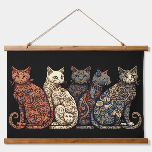 Tapisserie Suspendue Groupe de chats en papier peint victorien (Devant)