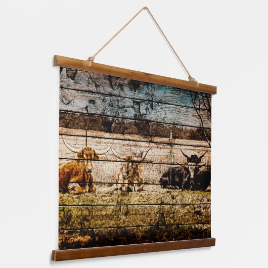 Tapisserie Suspendue Groupe de Longhorns assis en terrain Distressed Wo (Angulaire)